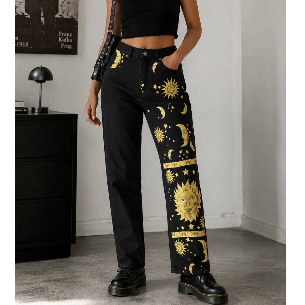 Zaful Celestial Jeans L NWT Black Sun Moon Stars High Rise Tapered Whimsigoth